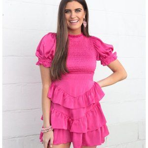 Karlie Dress | new with tag | Hot Pink Satin Smocked Tiered Dress (Size Large)